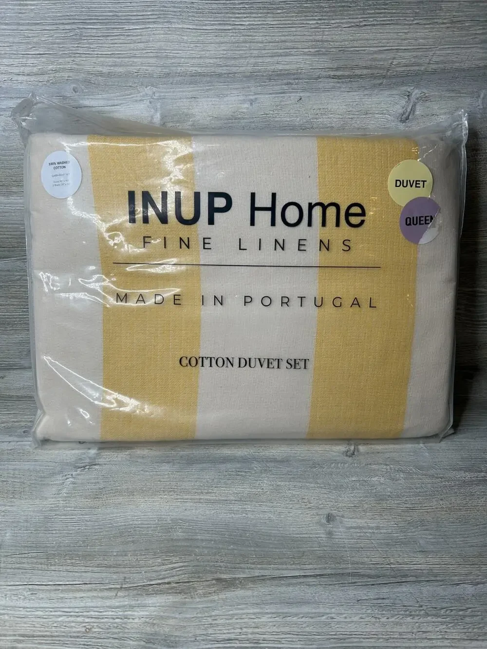 Inup Home Fine Linens Queen Duvet Sham 3pc Set Cotton Yellow Stripe Portugal New